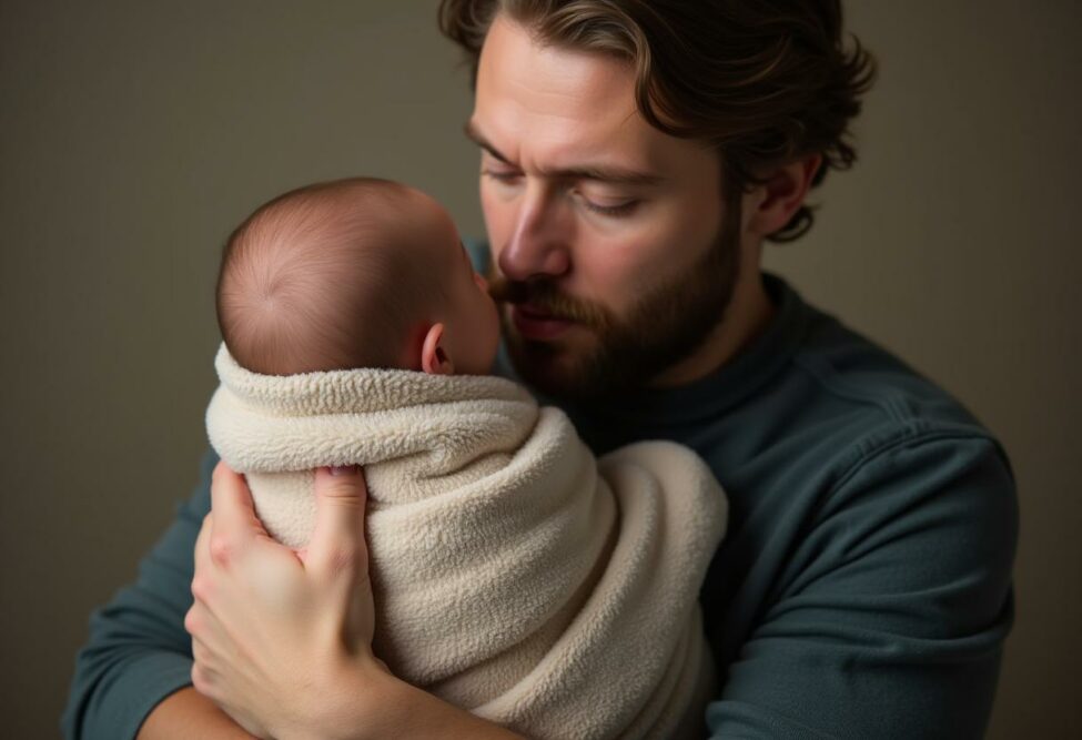 Ich werde bald Onkel: Ein Mann hält ein neugeborenes Baby in den Armen, während er liebevoll auf es blickt und den Moment der Verbindung genießt.