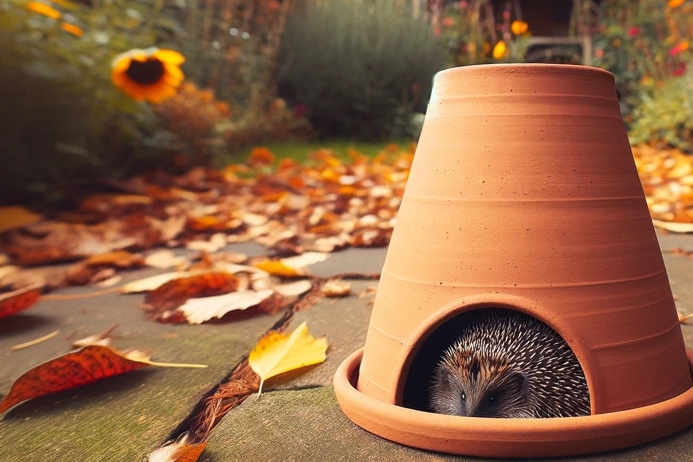 Igel im selbstgebauten Igelhaus aus einem Blumentopf