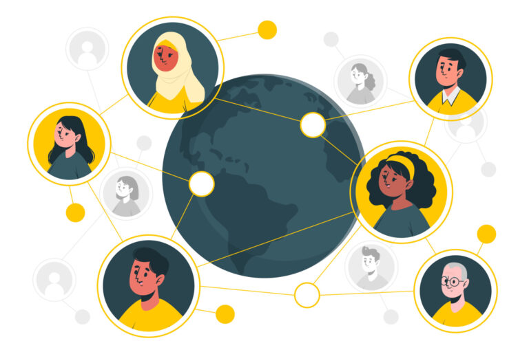 Eine stilisierte Illustration zeigt eine vernetzte Welt mit Menschen aus verschiedenen Kulturen, die durch gelbe Linien verbunden sind. Die Grafik symbolisiert den globalen Austausch und die Bedeutung interkultureller Kommunikation im beruflichen Umfeld.