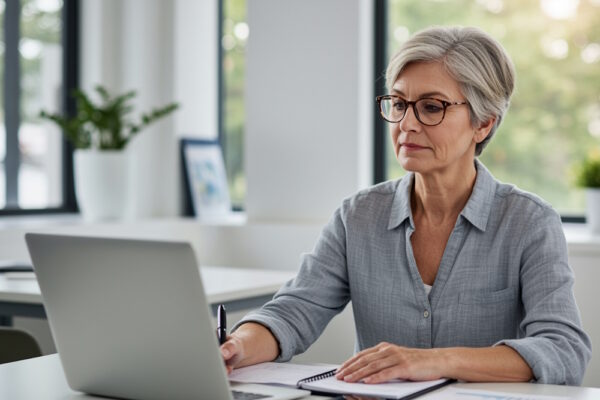 Dame mit 50 sitzt an einem PC und macht sich Gedanken zum Jobwechsel, indem sie ihre Bewerbungsunterlagen durchgeht