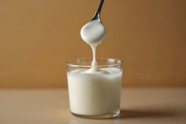 Ein Gläschen voll Joghurt zum Essen.