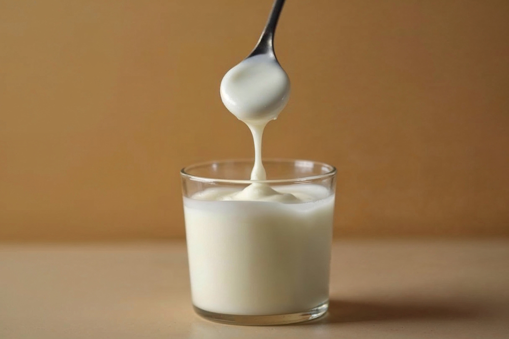 Ein Gläschen voll Joghurt zum Essen.