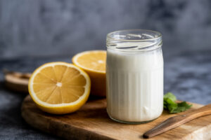Glas mit selbstgemachtem Joghurt neben zwei Zitronenhälften auf einem Holzbrett.
