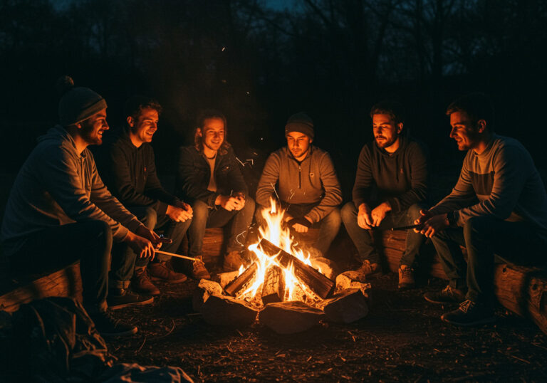 Junge Menschen sitzen am Lagerfeuer in der Nacht.