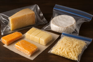 Verschiedener Käse, sorgfältig portioniert und in Frischhaltefolie oder Gefrierbeuteln verpackt, liegen auf einem dunklen Holzuntergrund – bereit zum Einfrieren.