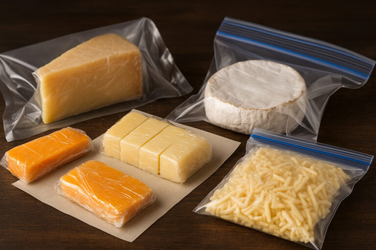 Verschiedener Käse, sorgfältig portioniert und in Frischhaltefolie oder Gefrierbeuteln verpackt, liegen auf einem dunklen Holzuntergrund – bereit zum Einfrieren.