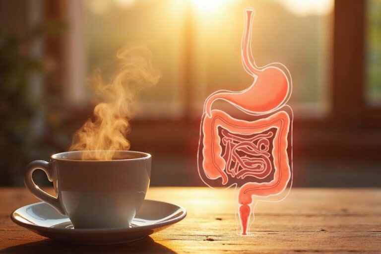 Eine Tasse Kaffee und die Illustration eines Magen-Darmtrakts.