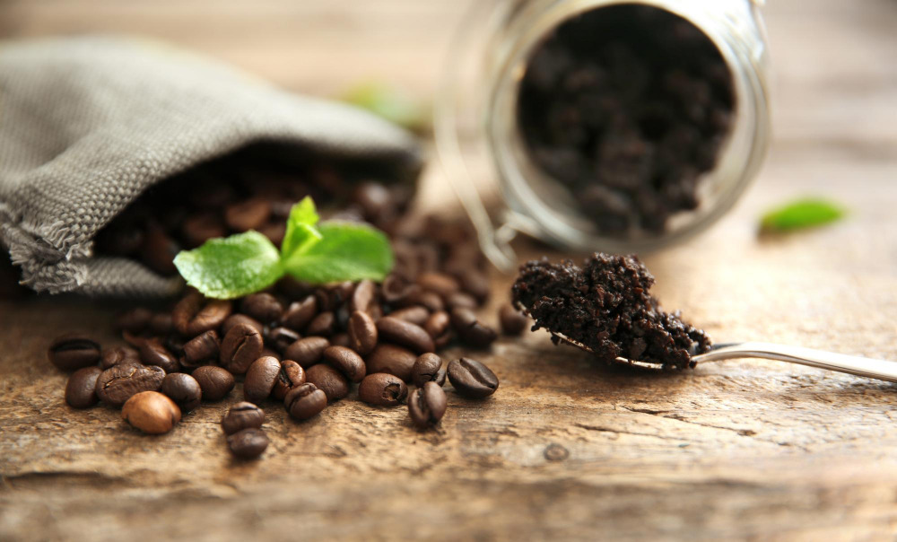 Kaffeesatz auf einem Tisch neben einem Pflanzen-Setzling
