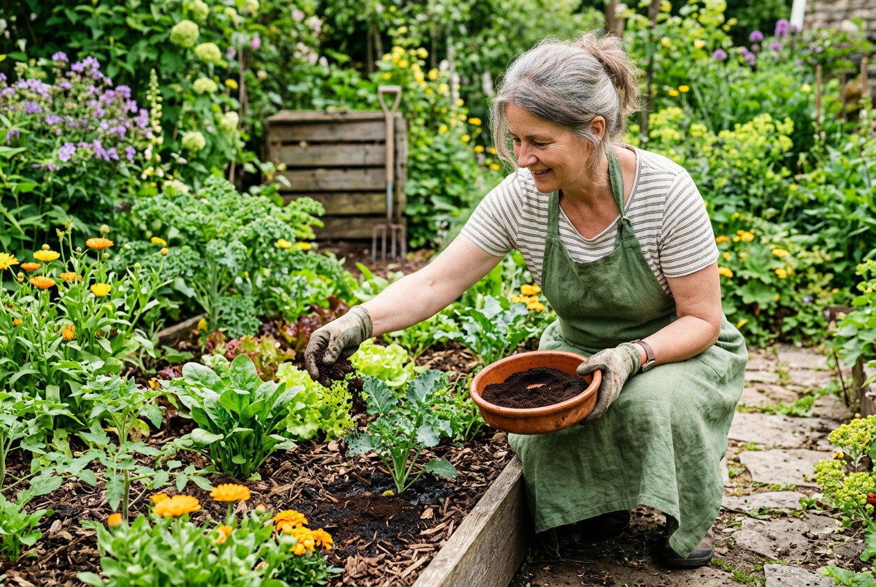Alte Frau verstreut Kaffeesatz im Beet