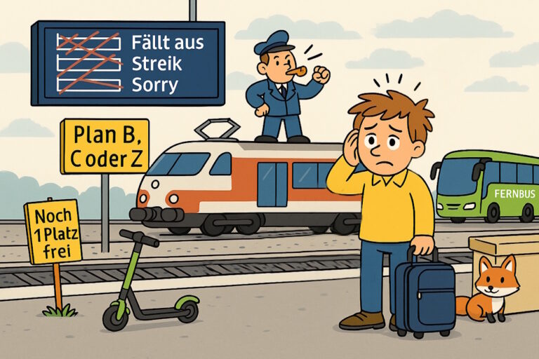 Karikatur eines Bahnstreiks: Zug fällt aus, Schaffner pfeift, ratloser Mann mit Koffer, Schilder mit „Plan B“ und „Fernbus“.