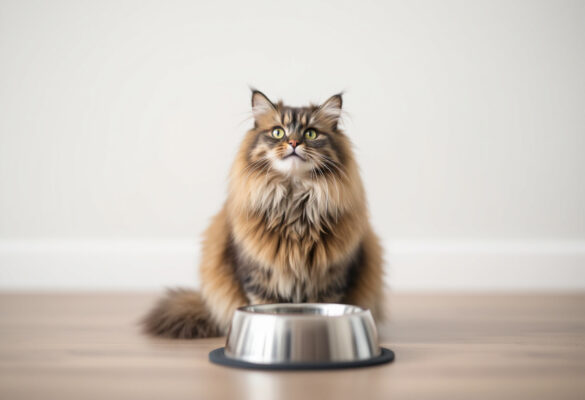 Eine norwegische Waldkatze sitzt vor einem leeren Futternapf und blickt erwartungsvoll nach oben, symbolisch für das Thema Katze hat immer Hunger.