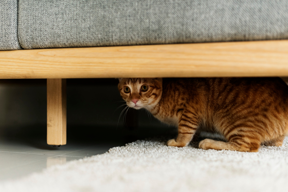 Getigerte Katze versteckt sich unter einem modernen Sofa.