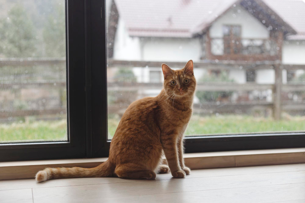 Orangefarbene Katze sitzt am Fenster und schaut in die Kamera, symbolisch für das Thema 'Katze will raus, darf aber nicht'.