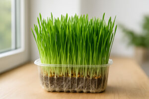 Frisch gezogenes Katzengras in einer transparenten Schale auf der Fensterbank, dicht gewachsenes, saftig grünes Gras mit sichtbaren Wurzeln in der Erde.