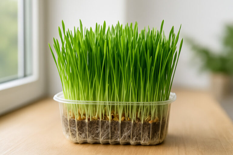 Frisch gezogenes Katzengras in einer transparenten Schale auf der Fensterbank, dicht gewachsenes, saftig grünes Gras mit sichtbaren Wurzeln in der Erde.