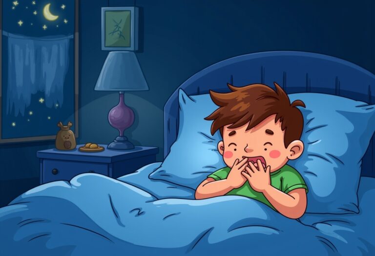 Zeichnung: Kind liegt nachts im Bett, hustet und hält sich den Mund, draußen ist Sternenhimmel mit Mond sichtbar.