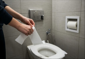 Jemand deckt mit Toilettenpapier die Klobrille auf einer öffentlichen Toilette ab.