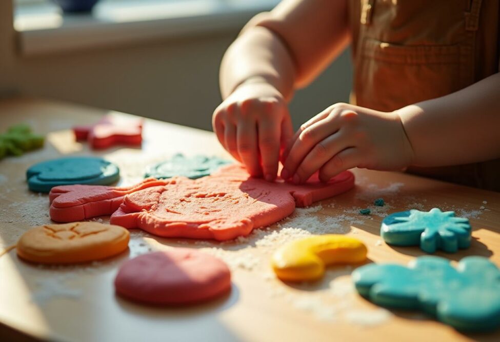 Ein Kind formt bunte Knetfiguren auf einem Tisch, umgeben von verschiedenfarbigen Knetstücken. Das Bild symbolisiert das Thema 'Knete selber machen' und zeigt kreative Aktivitäten mit selbstgemachter Knete.