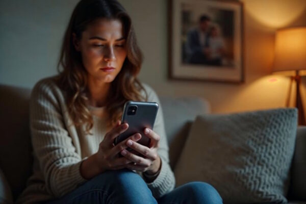 Nachdenkliche Frau sitzt auf dem Sofa und schaut ernst auf ihr Smartphone, thematisch passend zum Kontaktabbruch in der Familie.