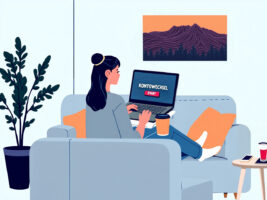 Illustration einer Frau auf dem Sofa mit Laptop, auf dem 'KONTOWECHSEL' und ein roter Start-Button zu sehen sind. Sie hält eine Kaffeetasse, während sie konzentriert auf den Bildschirm blickt. Neben ihr ein Tisch mit Smartphone und Getränk, im Hintergrund eine Pflanze und ein Bergbild, symbolisch für Konto umziehen.