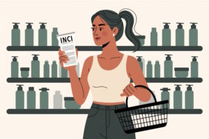 Illustration einer Frau, die die INCI-Liste eines Produkts vor einem Kosmetik-Regal vieler Produkte liest.