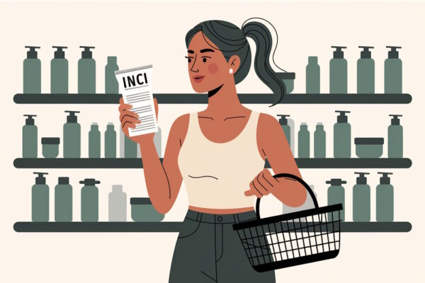 Illustration einer Frau, die die INCI-Liste eines Produkts vor einem Kosmetik-Regal vieler Produkte liest.