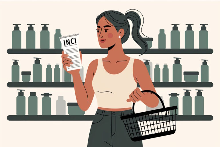 Illustration einer Frau, die die INCI-Liste eines Produkts vor einem Kosmetik-Regal vieler Produkte liest.