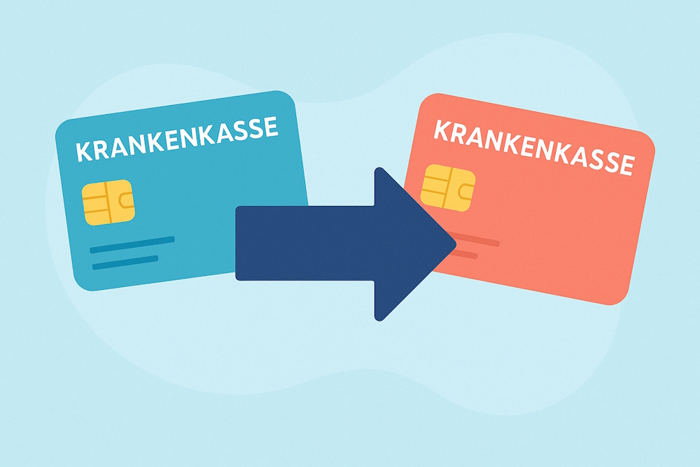 Blaue und rote Krankenkassenkarte mit Pfeil dazwischen, symbolisiert Wechsel der Krankenkasse.