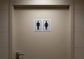 Tür mit universellen männlichen und weiblichen WC-Symbolen, deutet auf ein öffentliches oder Kunden-WC hin.