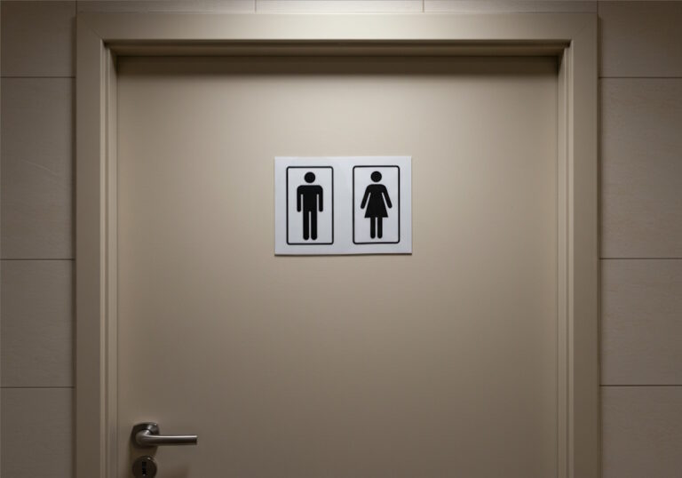 Tür mit universellen männlichen und weiblichen WC-Symbolen, deutet auf ein öffentliches oder Kunden-WC hin.