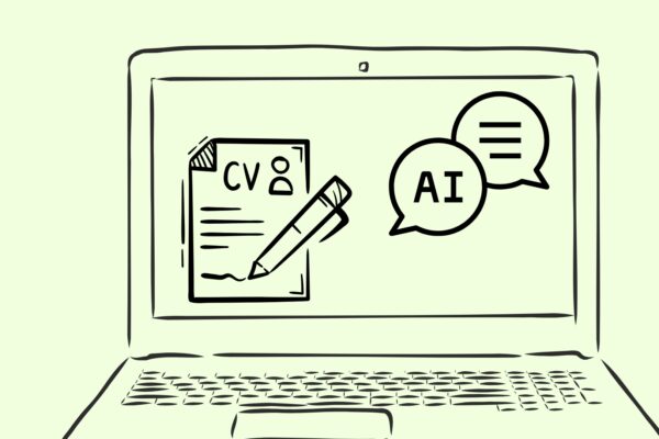 Laptop mit Lebenslauf-Icon und 'AI'-Sprechblasen - Lebenslauf mit KI optimieren