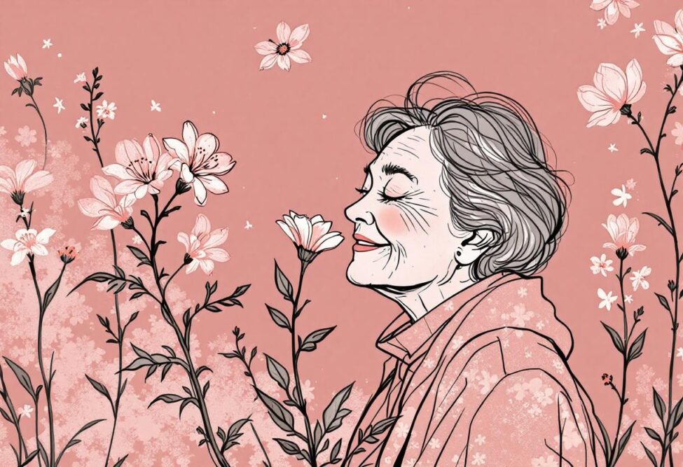 Skizze einer älteren Frau, die an einer Blume riecht - symbolisch für Lebensqualität.