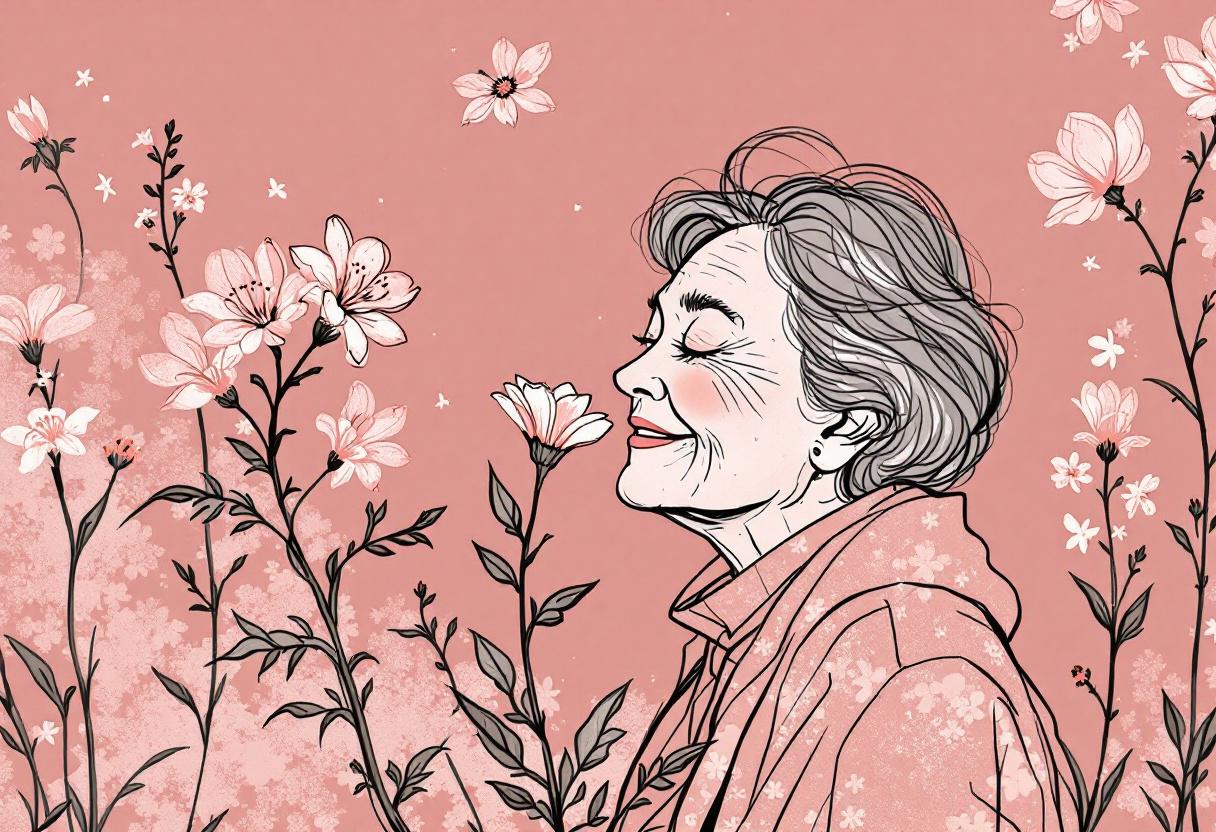 Skizze einer älteren Frau, die an einer Blume riecht - symbolisch für Lebensqualität.