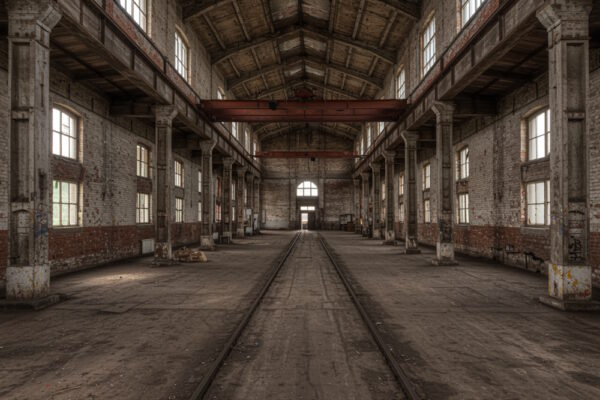 Eine verlassene Industriehalle mit hohen Fenstern, rostigen Schienen und bröckelndem Mauerwerk – ein fiktives, atmosphärisches Beispiel für Lost Places in der Nähe finden.