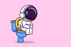 Zeichnung eines Astronauten auf einer Toilette vor rosa Hintergrund