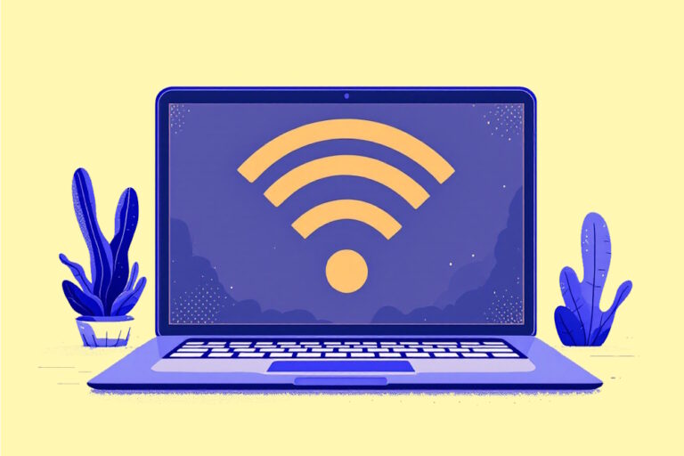 Illustration eines MacBooks mit einem großen WLAN-Symbol auf dem Bildschirm, symbolisiert die Nutzung eines MacBooks mit SIM-Karte.
