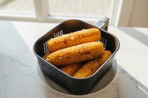 Frisch zubereitete, goldbraune Maiskolben liegen in dem schwarzen Garkorb einer Heißluftfritteuse, gewürzt und bereit zum Servieren.