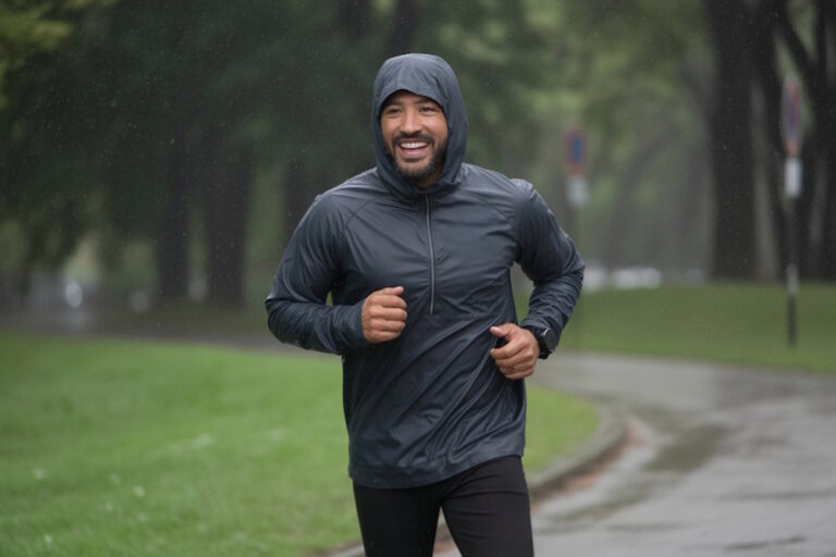 Mann läuft mit Kapuzenjacke bei Regen durch einen Park.