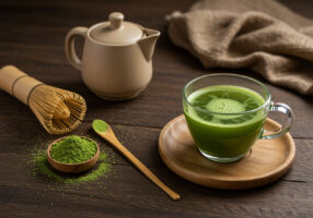 Eine Tasse Matcha neben Matcha Utensilien