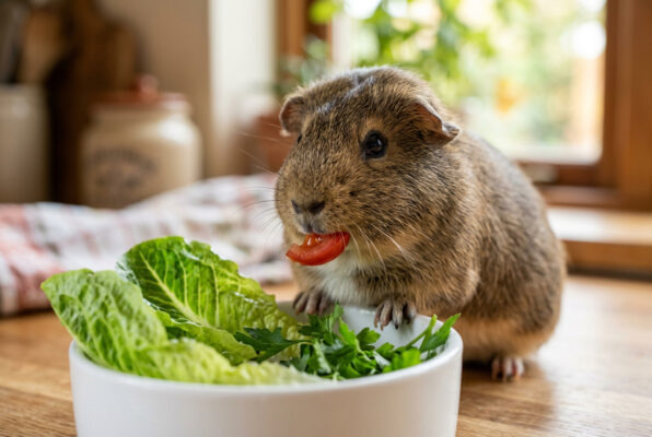 Meerschweinchen (Glatthaar) frisst ein kleines Stück Tomate.