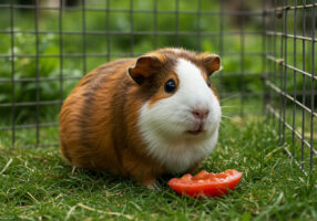 Braun-weißes, glatthariges Meerschweinchen sitzt im Gras neben einer halben Tomate in einem Freigehege.