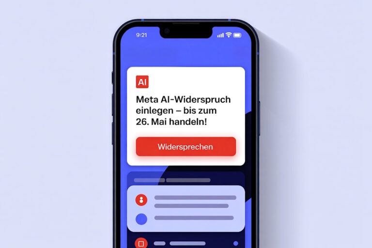 Smartphone zeigt Benachrichtigung: Meta AI-Widerspruch einlegen bis 26. Mai mit rotem „Widersprechen“-Button.