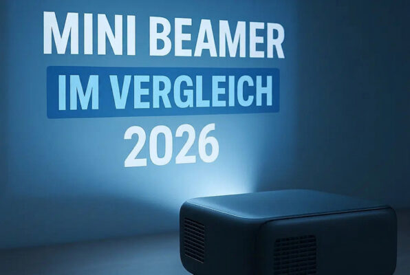 Mini Beamer projiziert den Text ‚Mini Beamer im Vergleich 2026‘ an eine Wand, Rückansicht in kühler Lichtstimmung.