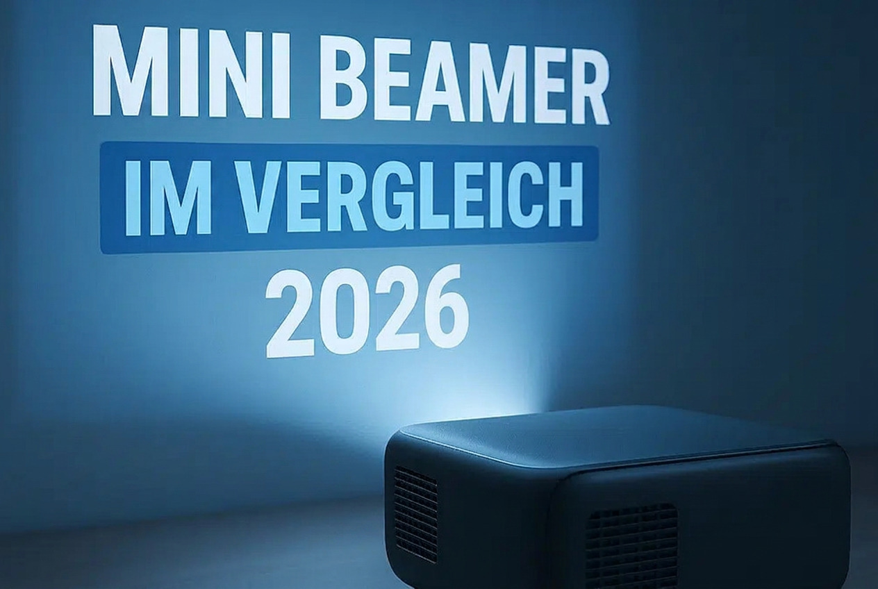 Mini Beamer projiziert den Text ‚Mini Beamer im Vergleich 2026‘ an eine Wand, Rückansicht in kühler Lichtstimmung.