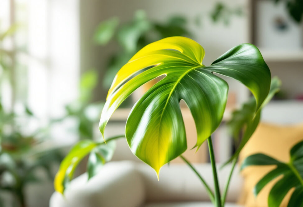 Eine Nahaufnahme einer Monstera-Pflanze mit gelben Verfärbungen an den Blättern, die auf Pflegeprobleme hinweisen könnten.