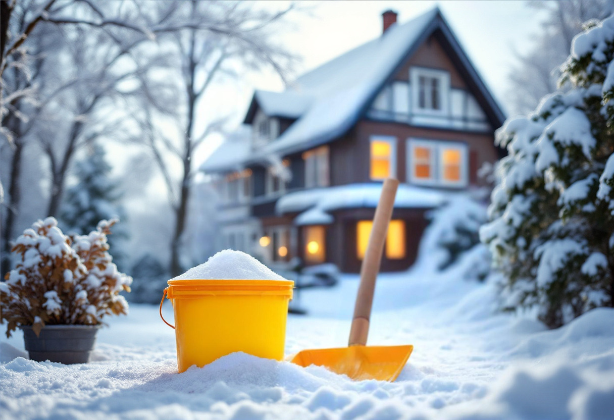 Gelber Eimer mit Streusalz und Schneeschaufel im Vordergrund vor einem verschneiten Haus, passend zur Frage „Muss man Salz streuen?“