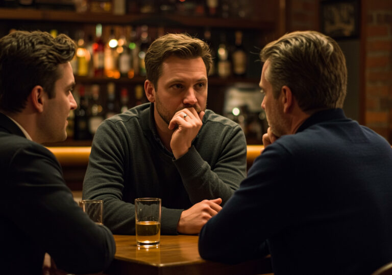 Drei Männer sitzen an einem Tisch in einem Pub. Einer der Männer denkt über den Namen des Gesprächspartners nach.
