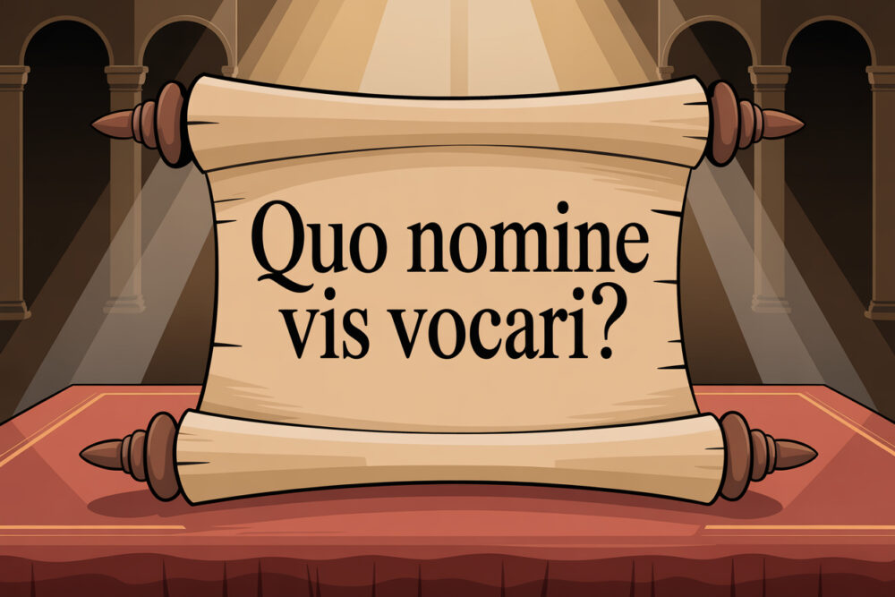 „Illustration einer alten Schriftrolle mit dem lateinischen Satz ‚Quo nomine vis vocari?‘ – symbolische Darstellung der Namenswahl bei der Papstwahl.