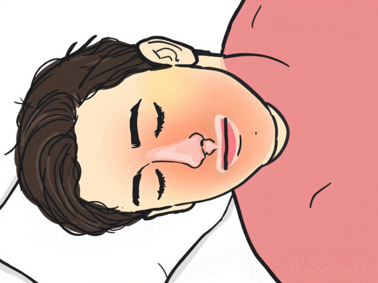 Illustration einer liegenden Person mit kurzen braunen Haaren auf rotem Hintergrund, deren Nase schwillt beim Liegen zu, erkennbar am geröteten Nasenbereich.