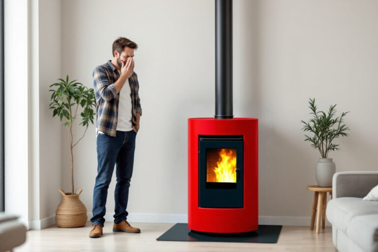 Ein Mann hält sich die Nase zu und blickt auf einen roten Pelletofen mit sichtbaren Flammen und schwarzem Ofenrohr in einem modern eingerichteten Wohnzimmer.